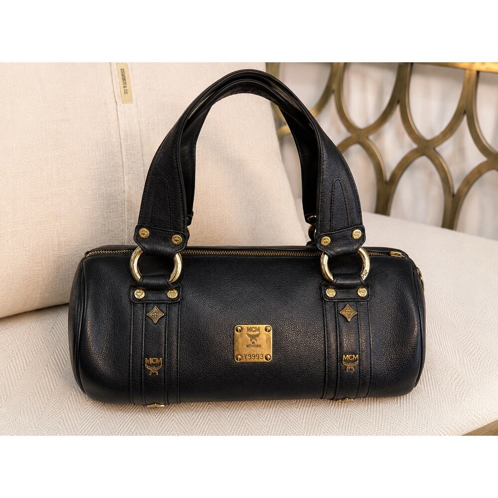 MCM Vintage Black Leather Cylinder Tube Bowler Bag Gold Hardware Red Lining